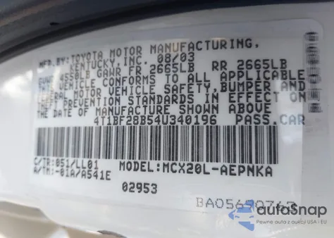 2004 Toyota Avalon Xl z USA, uszkodzony, nr VIN 4T1BF28B54U340196